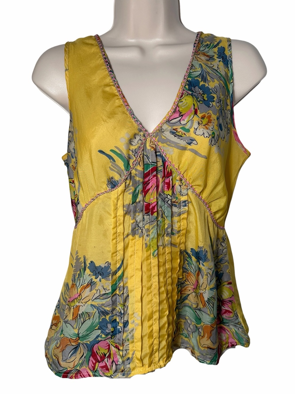 Johnny Was Yellow Colorful Silk V Neck Sleeveless Top
